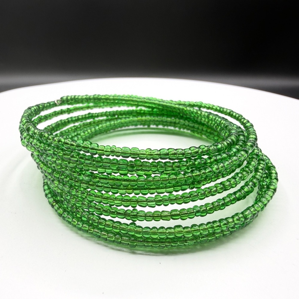 Green Glass Seed Bead Memory Wire Wrap Bracelet Multi Strand Boho Festival Y2K